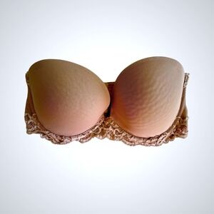 Natori Feathers Strapless Bra Nude Beige Lace Trim 32D 731023